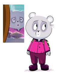 anthro backpack biped black_nose bottomwear clothing grey_body pants shirt solo topwear harpyhere unicorn_wars background_character bear mammal 1:1 2023 hi_res