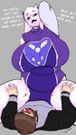 anthro biped bodily_fluids boss_monster_(undertale) breasts clothed clothing cowgirl_position dialogue fakeryway female from_front_position fur genital_fluids hi_res human human_on_anthro interspecies male male/female mammal mature_female nipple_outline obscured_sex on_bottom on_top purple_clothing sex thick_thighs toriel undertale_(series) vaginal_fluids white_body