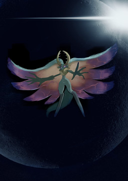 ambiguous_gender anthro antlers biped black_sclera chest_tuft colored_nails cosmic_background digitigrade featureless_crotch fingernails floating fluffy fluffy_tail fur head_wings horn huge_wings levitation looking_at_viewer low-angle_view moon mouthless multicolored_body multicolored_eyes multicolored_fur nails neck_tuft nude_anthro pink_eyes pupils purple_fingernails purple_nails solo space space_background spread_arms tail tan_body tan_fur teal_body teal_eyes teal_fur three-quarter_view tuft unusual_wing_placement wings gemini_kirby kirby_(series) nintendo fecto_elfilis alien chinchilla chinchillid mammal rodent starling_(kirby) absurd_res digital_drawing_(artwork) digital_media_(artwork) digital_painting_(artwork) full-length_portrait hi_res painting_(artwork) portrait