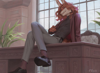 anthro biped bottomwear claws clothed clothed_anthro clothed_male clothing fingers footwear front_view fully_clothed fully_clothed_anthro fully_clothed_male fur hair inside male pants shirt shoes sitting smile solo tail teeth topwear eruca lagomorph leporid mammal rabbit 2026 digital_drawing_(artwork) digital_media_(artwork)
