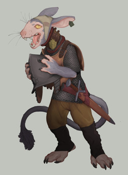 ambiguous_gender anthro armor black_claws breastplate buckle chainmail claws clothing collar ear_piercing ear_tag facial_scar fangs fur grey_body grey_fur headgear helmet holding_armor holding_object melee_weapon nose_wrinkle number_on_clothing open_mouth piercing pink_body pink_nose pink_skin pupils scabbard scar slit_pupils solo standing sword tail tail_tuft teeth tuft weapon whiskers yellow_eyes xenopera 2026 absurd_res digital_media_(artwork) hi_res shaded