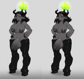 abs anthro balls big_balls big_breasts big_penis breasts fur genitals grey_body grey_fur gynomorph intersex inverted_nipples nipples nude penis serious_face solo thick_thighs yuwi-cyu bovid caprine caprine_demon demon goat goat_demon mammal hi_res