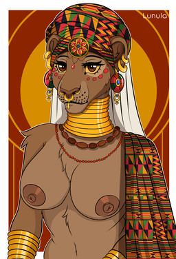 african_clothing anthro beaded_jewelry beaded_necklace beads big_breasts bracelet breasts clothing dzilla ear_piercing ear_ring elderly elderly_female facial_piercing female jewelry mature_female mostly_nude neck_ring necklace nipples nose_piercing nose_ring piercing queen ring_piercing royalty septum_piercing shawl solo tribal tribal_clothing kinkypeach disney the_lion_king sarabi_(the_lion_king) felid lion mammal pantherine absurd_res hi_res portrait
