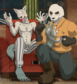5_fingers 5_toes anthro blue_body blue_bottomwear blue_clothing blue_fur blue_jeans blue_pants blush blush_lines boots bottomwear brown_boots brown_clothing brown_footwear clothed clothed_anthro clothed_male clothing denim denim_bottomwear denim_clothing duo feet fingers foot_focus footwear fully_clothed fully_clothed_anthro fully_clothed_male fur jeans male male_anthro pants pattern_bottomwear pattern_clothing pattern_pants red_blush red_chair restrained restraints scar sharp_teeth shaved shaving shoes sickle skinny_anthro skinny_male striped_bottomwear striped_clothing striped_pants stripes sweater tail teeth tickle_torture tickling tickling_feet toes topless topless_anthro topless_male topwear white_body white_fur yellow_clothing yellow_sweater yellow_topwear foot-paws beastars gouhin_(beastars) legoshi_(beastars) bear canid canine canis giant_panda mammal wolf hi_res
