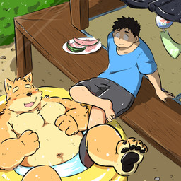 anthro bathing black_nose blush bottomwear clothed clothing duo eyes_closed food fruit fully_clothed humanoid_hands kemono male melon overweight overweight_male plant shirt shorts sitting topwear water watermelon watermelon_slice mtmnkmn125 canid canine canis domestic_dog human mammal 1:1 2020 hi_res