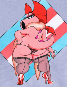 anthro ashleyfableblack bedroom_eyes butt clothed clothing female fishnet_clothing fishnet_legwear legwear lgbt_pride lingerie narrowed_eyes pride_colors proud seductive solo topless topless_female transgender_pride_colors underwear lgbt_pride_month mario_bros nintendo birdo_(character) birdo dinosaur prehistoric_species reptile scalie trans_(lore)