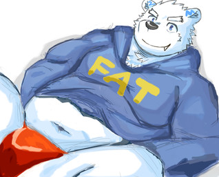 anthro belly blue_eyes clothing cute_fangs fangs fur hoodie male navel overweight overweight_anthro overweight_male simple_background solo teeth text text_on_clothing text_on_hoodie text_on_topwear topwear underwear white_background white_body white_fur bhtoss fat_hoodie meme_clothing bear mammal polar_bear ursine 2015 meme