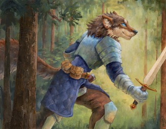 anthro armor black_nose blue_eyes brown_body brown_fur cheek_tuft closed_smile clothed clothing detailed_background facial_tuft forest fur holding_melee_weapon holding_object holding_sword holding_weapon male melee_weapon mouth_closed neck_tuft outside plant side_view smile solo sword tan_body tan_fur toony tree tuft weapon akatan_art canid canine mammal detailed hi_res
