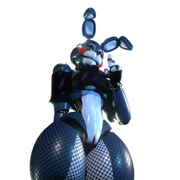 4_fingers anthro bare_shoulders black_clothing black_fingerless_gloves black_gloves black_handwear blue_body bow_tie bracelet breasts buckteeth clitoris clothed clothing crop_top crossgender eyelashes female fingerless_gloves fingers fishnet_clothing fishnet_leggings fishnet_legwear genitals glistening glistening_body gloves green_eyes handwear jewelry leggings legwear looking_at_viewer low-angle_view machine medium_breasts midriff mtf_crossgender off_shoulder pattern_clothing pattern_shirt pattern_topwear purple_bow_tie purple_eyelids shirt simple_background soft_abs solo spiked_bracelet spikes standing striped_clothing striped_shirt striped_topwear stripes teeth thick_thighs topwear under_boob vulva white_background wide_hips atumalaca atumalaca_(modeler) five_nights_at_freddy's five_nights_at_freddy's_2 scottgames toy_bonnie_(fnaf) animatronic lagomorph leporid mammal rabbit robot robot_anthro 2025 3d_(artwork) digital_media_(artwork) hi_res