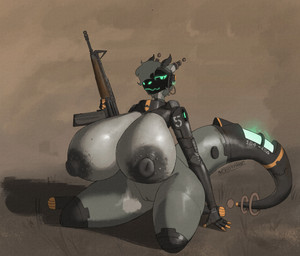 anthro assault_rifle big_breasts big_nipples breasts female genitals grey_body grey_skin gun holding_gun holding_object holding_ranged_weapon holding_rifle holding_weapon horn huge_breasts hyper hyper_breasts kneeling machine montgomery_glands nipples non-mammal_nipples ranged_weapon rifle solo tail thick_thighs vein veiny_breasts vulva weapon ace0t0nic axo-05_(ace0t0nic) protogen absurd_res hi_res
