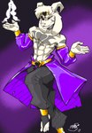 abs anthro black_bottomwear black_clothing black_pants bottomwear cape clothed clothing collar fire fur gold_band gold_belt hair horn jojo_pose legwear long_ears looking_at_viewer male metal_collar muscular muscular_anthro muscular_male open_mouth pants purple_cape purple_clothing shirtless_sleeves simple_background smile solo tattered_cape tattoo white_body white_fur fellowthewulf undertale undertale_(series) asriel_dreemurr_(god_form) bovid caprine goat mammal 2023 absurd_res digital_media_(artwork) hi_res signature