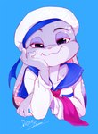 anthro blue_background clothed clothing female fur grey_body grey_fur looking_at_viewer pink_nose purple_eyes sailor_uniform simple_background smile solo dogear218 disney zootopia judy_hopps lagomorph leporid mammal rabbit 2021 signature