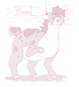 1_eye 2_toes 6_ears ambiguous_gender claw_toes countershade_tail countershade_torso countershading feet feral lidded_eyes looking_away mane markings mouthless multi_ear quadruped raised_foreleg short_tail simple_background slightly_chubby slightly_chubby_ambiguous slightly_chubby_feral solo spots spotted_markings standing tail text thick_tail three-quarter_view toes toony unusual_ears white_background wide_crotch ofuro minmu 2025 character_name flat_colors monochrome pink_and_white nonbinary_(lore) young_(lore)