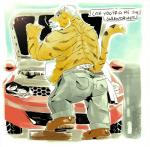 anthro belly bottomwear butt car cigarette clothing humanoid_hands male overweight overweight_anthro overweight_male pants smoke smoking solo text vehicle spazz_bear felid mammal pantherine tiger 2018 english_text