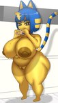 absurd_res animal_crossing ankha_(animal_crossing) anthro areola belly big_areola big_breasts big_nipples blue_hair bodily_fluids breasts brown_eyes collar cookie domestic_cat felid feline felis female fladdykin food genitals hair hi_res holding_cookie holding_food holding_object huge_areola huge_breasts huge_nipples huge_thighs looking_at_viewer mammal markings navel nintendo nipples nude pussy slightly_chubby solo striped_markings striped_tail stripes sweat sweaty_breasts tail tail_markings thick_thighs wide_hips yellow_body yellow_nipples