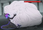 ambiguous_gender ambiguous_prey anthro anthro_pred belly big_belly black_body black_horn black_sclera blue_eyes blue_hair blue_markings blue_tongue bodily_fluids drooling duo female female_pred gameplay_mechanics gui hair health_bar horn huge_belly hyper hyper_belly kneeling markings multicolored_hair narrowed_eyes nipples nude open_mouth purple_hair purple_markings purple_nipples saliva side_view tongue tongue_out two_tone_hair vore white_body santanahoffman mythology dragon mythological_creature mythological_scalie scalie hi_res