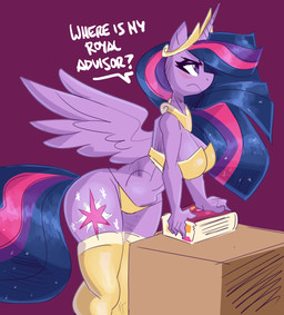 5_fingers anthro anthrofied book breasts clothed clothing crown dialogue female fingers hair headgear horn leaning leaning_forward legwear long_hair purple_body purple_eyes purple_hair purple_tail skimpy solo stockings tail text thigh_highs tiara wings flutterthrash friendship_is_magic hasbro my_little_pony mythology queen_twilight_(mlp) twilight_sparkle_(mlp) equid equine mammal mythological_creature mythological_equine winged_unicorn absurd_res english_text hi_res