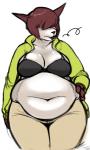 belly big_belly big_breasts bottomwear bra breasts brown_hair cleavage clothed clothing female hair jacket muffin_top navel open_clothing open_jacket open_topwear overweight overweight_female pants solo tight_clothing topwear underwear wide_hips pewbutt snow_(pewbutt) domestic_cat felid feline felis mammal