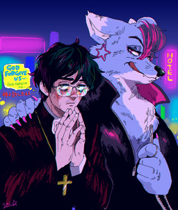 anthro bedroom_eyes black_hair blush bodily_fluids chest_tuft christian_symbol claws clothing cross duo ear_piercing ear_ring eyelashes eyewear female female_on_human glasses hair half-closed_eyes hotel human_on_anthro interspecies jacket key larger_anthro larger_female leather leather_clothing leather_jacket leather_topwear licking licking_lips male male/female male_on_anthro narrowed_eyes neon_lights painted_claws piercing pink_eyes pink_hair praying religion religious_symbol ring_piercing seductive self_lick size_difference smaller_human smaller_male sweat text thought_bubble tongue tongue_out topwear tuft whiskers kaneoya_sachiko christianity canid canine canis human mammal wolf english_text japanese_text translation_request