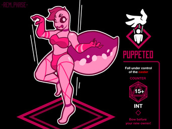 4_eyes anthro arthropod_abdomen body_control breasts clothing female gameplay_mechanics multi_eye pink_body pink_clothing pink_underwear solo string text underwear rem_phase arachnid arthropod spider 2025 digital_media_(artwork) english_text hi_res