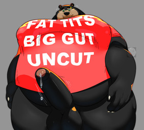 anthro balls belly big_moobs black_body black_fur bodily_fluids bottomless bottomless_male clothed clothing dripping erection eyebrow_piercing facial_piercing foreskin fur genital_fluids genitals green_eyes grey_background humanoid_genitalia humanoid_penis light male moobs obese obese_anthro obese_male overweight overweight_anthro overweight_male penis piercing precum precum_drip red_clothing red_shirt red_topwear shirt shirt_only simple_background solo text text_on_clothing text_on_shirt text_on_topwear thick_thighs topwear topwear_only had0u fat_tits_big_gut_uncut hadou_(satsui-n0-had0u) bear mammal sun_bear ursine digital_media_(artwork) english_text hi_res lighting