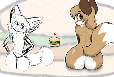 >:3 anthro blush butt chicken_sandwich detailed_background dipstick_tail female green_eyes hair markings raised_tail rear_view solo sparkles tail tail_markings conditional_dnp messyvuvu averi_(fiddleafox) canid canine fox mammal hi_res shaded sketch