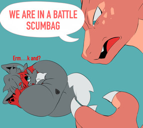anthro anus big_butt black_eyeshadow butt claws duo eyeshadow female feral fluffy fluffy_tail freckles fur genitals grey_body hair makeup male male/female nude orange_body piercing red_hair simple_background tail text vulva absolise mythology nintendo pokemon fan_character mischief_(absolise) charizard dragon generation_1_pokemon generation_5_pokemon mythological_creature mythological_scalie pokemon_(species) scalie zorua digital_media_(artwork) hi_res