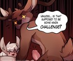 adaline_(sharemyshipment) anthro blush brown_body brown_fur cervine comic deer dialogue digital_media_(artwork) duo english_text entaros_(character) erection female foxinshadow fur genitals horn male mammal penis shaded short_tail simple_background tail text