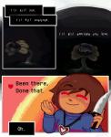 ambiguous_gender clothing creepy dialogue duo heart_symbol jewelry knife locket male necklace not_furry plant text uricurrl undertale undertale_(series) chara_(undertale) flowey_the_flower frisk_(undertale) demon elemental_creature flora_fauna human mammal animated animated_comic comic english_text short_playtime