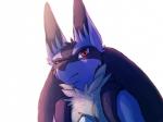 ambiguous_gender anthro biped black_body black_fur blue_body blue_fur blush fur looking_at_viewer red_eyes scar simple_background solo spikes white_background thedogzlife nintendo pokemon canid canine generation_4_pokemon lucario mammal pokemon_(species) 4:3