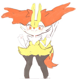 3_fingers 3_toes :3 anthro arm_tuft biped black_body black_fur black_legs blush blush_lines breasts cheek_tuft chest_tuft dipstick_tail eyelashes facial_tuft featureless_breasts feet female female_anthro fingers fluffy fluffy_tail front_view fur hip_tuft inner_ear_fluff knock-kneed looking_at_viewer markings multicolored_body multicolored_fur neck_tuft nude nude_anthro nude_female object_in_tail orange_body orange_eyes orange_fur orange_inner_ear_fluff orange_tail_tip paw_pose pointy_ears pose prick_ears shoulder_tuft simple_background small_breasts smile solo standing stick stick_in_tail tail tail_markings toes tuft two_tone_tail white_background white_body white_fur white_hands yellow_body yellow_fur yellow_tail yakiniku628 nintendo pokemon braixen canid generation_6_pokemon mammal pokemon_(species) 2026 colored colored_sketch digital_drawing_(artwork) digital_media_(artwork) flat_colors full-length_portrait portrait sketch