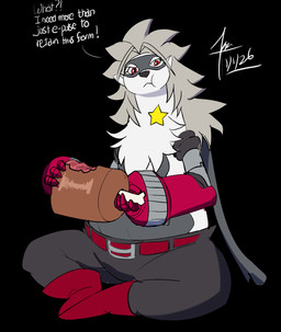 anthro belly belt bottomwear clothing eating female food footwear fur grey_body grey_fur grey_hair hair mask meat meat_on_bone overweight overweight_anthro overweight_female pants red_eyes shoes solo star text white_body white_fur windspan bandai_namco digimon digimon_beatbreak digimon_(species) wolvermon 2026 digital_media_(artwork) english_text hi_res