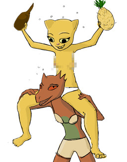 alcohol anthro beverage bottle boy_shorts bra breasts carrying_another censored_nipples clothing container drunk duo female food fruit holding_bottle holding_container holding_object on_shoulders on_top on_top_of panties pineapple plant substance_intoxication underwear aceofspudz bethesda_game_studios microsoft oblivion prequel_adventure the_elder_scrolls katia_managan quill-weave argonian felid khajiit mammal scalie 2011 censored mosaic_censorship