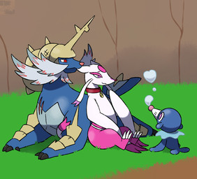 accessory blue_body bubble claws collar female feral fur grass group heart_symbol looking_at_another male outside pink_body pink_fur plant pupils purple_eyes red_eyes scar sitting_on_another slit_pupils snout tail tail_coil trio darknsfwindie nintendo pokemon pokemon_mystery_dungeon spike_chunsoft wanderlust kaizo_haketsu misu_nox generation_5_pokemon generation_7_pokemon mienshao pokemon_(species) popplio samurott shiny_pokemon hi_res signature
