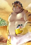 anthro belly biped blush bulge kemono male moobs nipples outside overweight overweight_male solo steam towel hamagiato tamacolle hitachi_(tamacolle) felid mammal pantherine tiger 2024 hi_res