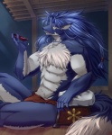 abs alcohol anthro asian_clothing beverage biceps big_muscles biped blue_body blue_fur clothing countershading drinking east_asian_clothing floor fundoshi fur hair japanese_clothing long_hair male muscular muscular_anthro muscular_male night pecs sake sitting solo underwear white_body white_fur wood wood_floor yellow_eyes shirubarin しるばりん sega shining_(sega) shining_force shining_force_exa duga_(shining) canid canine canis mammal sourou_cerulean_wolf wolf