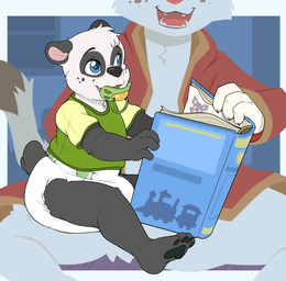 4_toes ambiguous_gender anthro big_diaper black_body black_ears black_fur black_nose black_pawpads black_spots black_tail book border brown_body brown_claws brown_finger_claws brown_fur brown_spots brown_tail_tip claws clean_diaper clothed clothing diaper dipstick_tail duo fangs featureless_crotch feet finger_claws floor freckled_face freckles fur green_clothing green_pacifier green_shirt green_topwear holding_book holding_object inside markings multicolored_body multicolored_fur object_in_mouth on_lap open_mouth open_smile pacifier pacifier_in_mouth pawpads pink_inner_ear pink_nose red_clothing red_robe robe robe_only scut_tail shirt short_tail sitting sitting_on_ground sitting_on_lap smile spot_freckles spots spotted_body spotted_face spotted_fur tail tail_markings teeth toes topwear tuft two_tone_body two_tone_fur two_tone_tail wearing_diaper whisker_spots white_body white_border white_diaper white_fur white_tail window wood wood_floor bubblepuppers indigo_park capri_(paddedcapri) myst_(daxter131) rambley_raccoon bear domestic_cat felid feline felis giant_panda mammal 2025 hi_res