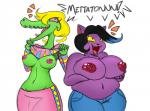 anthro big_breasts black_hair blonde_hair blush breast_rest breast_size_difference breasts clothed clothing clothing_lift dialogue duo eyelashes female flashing hair holding_breast huge_breasts multicolored_hair nipples non-mammal_nipples open_mouth overweight presenting presenting_breasts shirt shirt_lift slightly_chubby smile speech_bubble text topless topwear two_tone_hair reiduran undertale undertale_(series) bratty_(undertale) catty_(undertale) crocodile crocodilian domestic_cat felid feline felis mammal reptile scalie 2015 alternate_version_at_source english_text