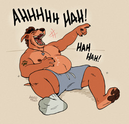 4_fingers anthro belly bodily_fluids bottomwear canine_teeth claws clothed clothing crying_laughing eyebrow_slit eyebrows facial_hair fingers floppy_ears footprint gesture hand_gesture head_tuft jewelry laugh lying male male_anthro mastectomy_scar mohawk necklace on_back on_ground one_sock open_mouth open_smile pants pawpads pawprint pawprint_tattoo pecs pointing scar sharp_teeth shorts simple_background slap slapping_self slightly_chubby slightly_chubby_anthro slightly_chubby_male smile solo stocky sweatpants tattoo teardrop tears teeth topless topless_anthro topless_male tuft angelofalls conditional_dnp angelo_(angelofalls) bird_dog canid canine canis domestic_dog hunting_dog labrador mammal mixed_breed pit_bull pitador retriever 2026 digital_drawing_(artwork) digital_media_(artwork) signature trans_(lore) trans_man_(lore)