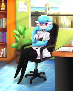 alternate_color arm_under_breasts blue_hair book bookshelf bra breasts chair clipboard clothing coat coffee_mug coloring_commission desk detailed_background eyewear female floor furniture glasses hair hand_on_head lab_coat looking_at_viewer multicolored_body nipples office panties plant red_eyes shoreline sitting skyline smile solo table tile tile_floor topwear underwear window enrique849 nintendo pokemon dr._voir gardevoir generation_3_pokemon pokemon_(species) shiny_pokemon absurd_res hi_res