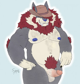 anthro arm_tuft balls beard blue_nipples blue_nose body_hair chest_hair claws clothing cowboy_hat elbow_tuft erection facial_hair fangs fur genitals gesture hair hand_gesture hat hat_only headgear headgear_only headwear headwear_only humanoid_genitalia humanoid_hands humanoid_penis looking_at_viewer male mane mostly_nude multicolored_mane muscular muscular_anthro muscular_male nails nipples nude overweight overweight_anthro overweight_male pecs penis pointing pointing_at_penis pubes red_mane sabertooth_(anatomy) simple_background smile smirk solo teeth teeth_showing tuft sato_leone canid canine canis felid hybrid lion mammal pantherine prehistoric_species saber-toothed_tiger wolf 2021 digital_drawing_(artwork) digital_media_(artwork) hi_res
