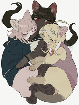 accessory ahoge bangs blush blush_lines bodily_fluids bow_tie bracelet brown_body brown_fur brown_tail clothing cuddling docked_tail eyes_closed female female/female feral feralized fur gloves_(marking) group hair hair_accessory hair_tie hairclip heart_nose heart_symbol inner_ear_fluff jewelry leg_markings leopard_spots markings mole_(marking) mole_under_eye musical_note musical_symbol navy_hoodie necktie pawpads paws pink_body pink_clothing pink_fur pink_inner_ear pink_nose pink_pawpads pink_topwear red_eyes red_inner_ear red_nose red_pawpads short_tail simple_background sleeping sleeping_together socks_(marking) spots sweat sweatdrop symbol tail tired topwear trio tuft twintails_(hairstyle) white_background white_bow_tie white_inner_ear yellow_body yellow_fur kiirono danganronpa danganronpa:_trigger_happy_havoc danganronpa_2 danganronpa_v3 spike_chunsoft chiaki_nanami kaede_akamatsu maki_harukawa domestic_cat felid feline felis mammal 2026 colored colored_line_art hi_res signature watermark