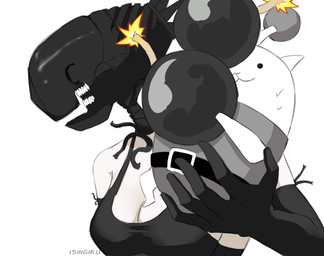 5_fingers :3 ambiguous_anthro ambiguous_gender antennae_(anatomy) anthro armwear belt_buckle black_armwear black_clothing black_dress black_elbow_gloves black_gloves black_handwear black_headwear bodily_fluids breasts buckle cleavage clothed clothing dot_eyes dress duo elbow_gloves female fingers fuse gloves handwear headgear headwear holding_another holding_bomb humanoid_focus ignited_fuse larger_female larger_humanoid looking_sideways nervous not_furry_focus nuclear_bomb open_mouth pose simple_background simple_eyes size_difference smaller_ambiguous smaller_anthro sweat sweatdrop teeth text white_body ishigiritsu bomberman chainsaw_man konami ponos_corp. the_battle_cats bomber_cat_(the_battle_cats) reze_(chainsaw_man) bomb_head bomb_humanoid demon domestic_cat felid feline felis humanoid mammal 2025 artist_name colored crossover detailed digital_drawing_(artwork) digital_media_(artwork) half-length_portrait hi_res portrait shaded signature