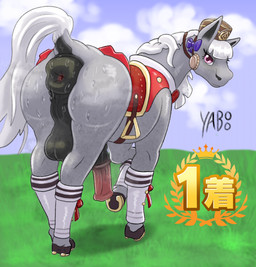 accessory alternate_form animal_genitalia animal_penis anus backsack balls bangs bedroom_eyes big_anus big_balls bodily_fluids bottomwear bow_ribbon butt clothed clothing crossgender equine_anus equine_genitalia equine_penis feral feralized first_place footwear ftm_crossgender fur gaping gaping_anus genitals grass hair hair_accessory hair_bow hair_ribbon hat headgear headwear hooves horseshoe huge_anus huge_balls hyper hyper_anus looking_at_viewer looking_back looking_back_at_viewer male mane medial_ring musk musky_anus narrowed_eyes penis perineum pink_eyes plant presenting presenting_anus presenting_hindquarters puffy_anus raised_tail rear_view ribbons saddle seductive skirt sky solo stirrups sweat sweatdrop tail vein veiny_penis white_body white_fur white_hair white_mane white_tail yaboo cygames uma_musume_pretty_derby gold_ship_(pretty_derby) equid equine horse mammal 2025 absurd_res hi_res signature