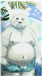 anthro belly big_belly black_nose blush bottomwear clothing eyes_closed fur kemono male moobs navel nipples overweight overweight_male shorts solo swimwear white_body white_fur menmen_kesinn bear mammal polar_bear ursine 2024 9:16 hi_res