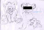 ambiguous_gender censor_bar censored_eyes claws fangs feral inner_ear_fluff open_mouth pawpads paws simple_background smile teeth text tuft white_background young kazuteru_inui bear mammal censored traditional_media_(artwork)