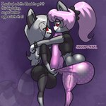 anthro big_butt big_penis bite biting_lip black_nose bottomwear butt butt_cleavage clothed clothing collar countershading cute_fangs duo fangs female fur genitals grey_body grey_ears grey_fur grey_hair hair huge_butt huge_penis hyper hyper_genitalia hyper_penis long_hair long_tail male markings pants penis pink_hair pink_nose pink_tongue ponytail red_eyes shirt shorts spiked_collar spikes striped_markings striped_tail stripes tail tail_markings teeth tenting text tongue topwear white_body white_countershading white_fur norithics bethany_blacksboro norithics_"nori"_kusemurai domestic_cat felid feline felis mammal procyonid raccoon vampire artist_name english_text signature watermark