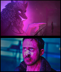 anthro antlers bandage bandage_on_face bandage_on_nose big_breasts bioluminescence black_body black_fur blood blood_on_face bodily_fluids breasts claws clothed clothing coat duo facial_hair fangs female female_anthro fur gesture glowing glowing_eyes glowing_teeth hand_gesture hologram horn humor male pink_hue pointing pointing_at_another pointy_ears railing sharp_teeth shirt simple_background smile snout tank_top teeth topwear two_panel_image vitaly_s_alexius american_mythology blade_runner_2049 indigenous_north_american_mythology mythology north_american_mythology stupid_sexy_cryptids joi_(blade_runner) k_(blade_runner) ryan_gosling starshade cryptid human mammal omnid wendigo colored digital_media_(artwork) hi_res meme