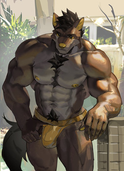 abs anthro biceps black_eyes black_hair body_hair brown_body brown_fur chest_tuft clothed clothing fur hair happy_trail jockstrap jockstrap_only leaning_on_wall light male navel nipples outside pawpads plant pubes solo sunlight tile topless tree tuft underwear underwear_only window yellow_clothing yellow_ears yellow_jockstrap yellow_nose yellow_pawpads yellow_sclera yellow_underwear re_baiz canid canine canis domestic_dog mammal 2022 absurd_res hi_res