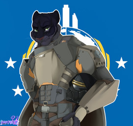 anthro armor bell black_body black_fur clothing flag flag_background front_view fur gauntlets gloves green_eyes grey_body grey_fur handwear hat headgear headwear helmet holding_armor holding_headgear holding_helmet holding_object looking_at_viewer machine male muscular pauldron power_armor shoulder_guards solo star stripes whiskers shyryp helldivers budd_(theblack_tigerbudd) felid feline mammal pantherine tiger absurd_res crossover digital_media_(artwork) hi_res portrait signature